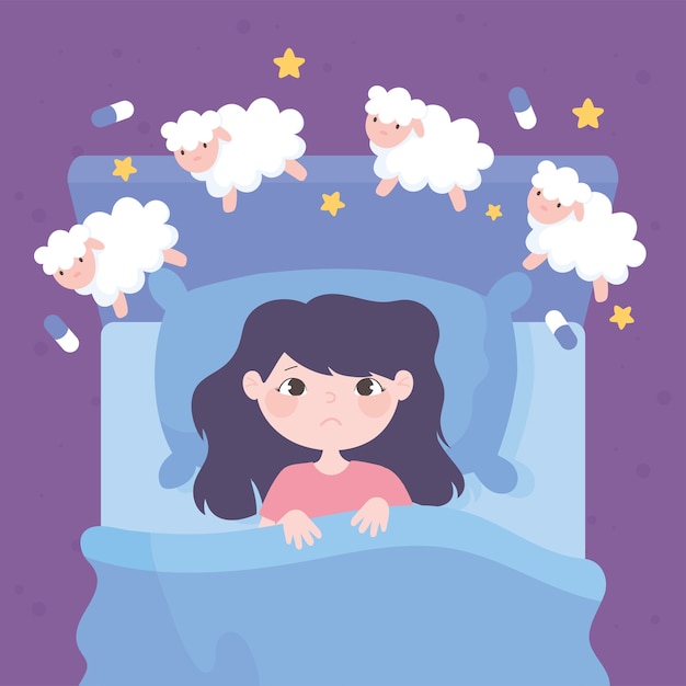 Premium Vector | Insomnia, girl in bed counting sheeps cartoon vector