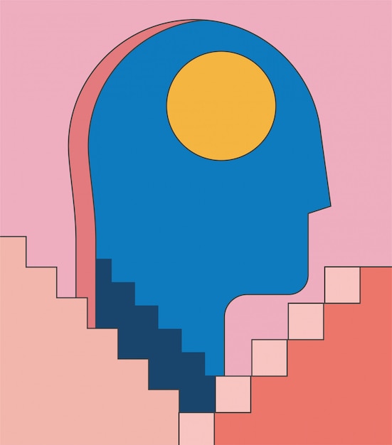 プレミアムベクター 不眠症 心理学の精神的な健康概念図人間の頭のシルエットと出入り口と抽象的なアーキテクチャの階段 シンプルなトレンディなスタイルの イラスト