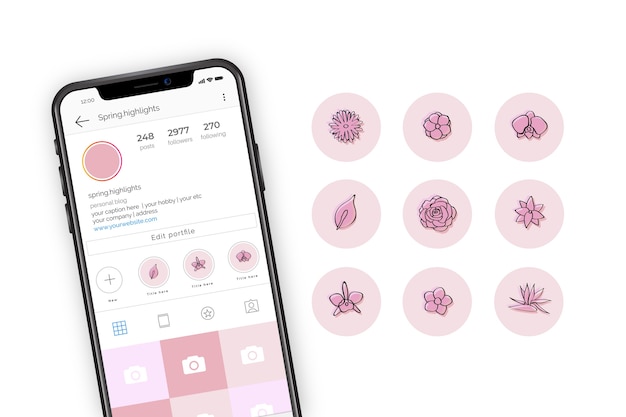 Instagramの手描き花物語のハイライト 無料のベクター