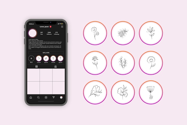 Instagramの手描き花物語のハイライト 無料のベクター