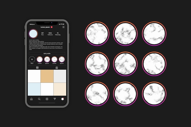 Instagramのマーブルストーリーのハイライト プレミアムベクター