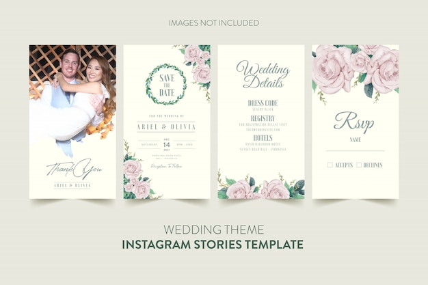 水彩花と葉の結婚式の招待カードのinstagramストーリーテンプレート プレミアムベクター
