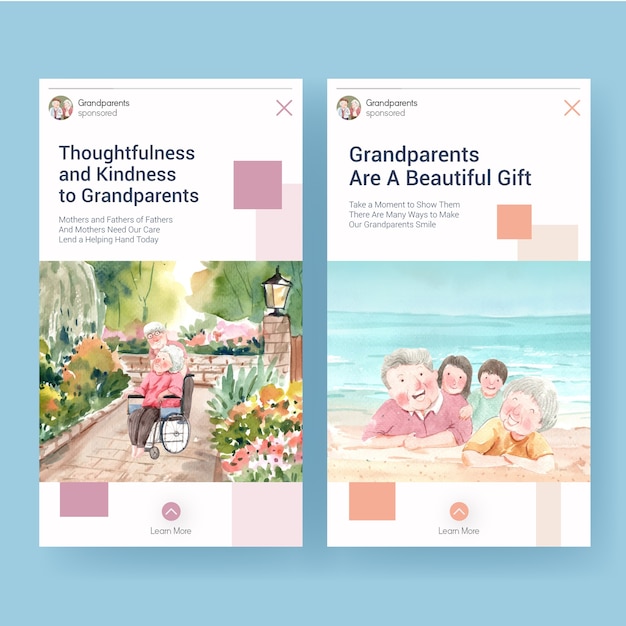 Download Free Vector Instagram Template With National Grandparents Day Concept Design For Social Media And Internet Watercolor