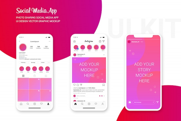  Instagram ui mockup, photo sharing app social media interface Premium Vector