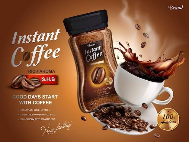 Instant coffee ad, with coffee splash elements, brown background Premium Vector