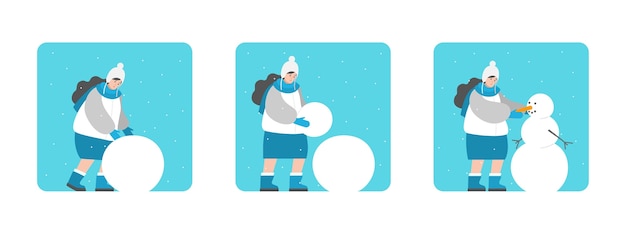 Instruction to sculpt snowman. cartoon woman are rolling balls step by step Premium Vector