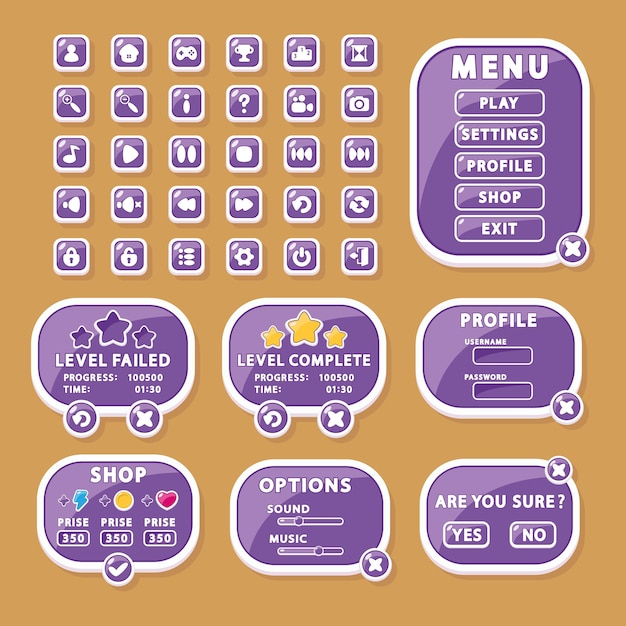 ゲームとアプリのデザインボタン メニューウィンドウ 設定 Gui Ui のインターフェイス要素 プレミアムベクター