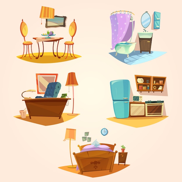 Free Vector | Interior cartoon retro set