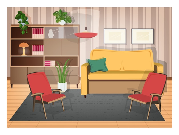 Premium Vector | Interior of living room furnished with retro furniture ...