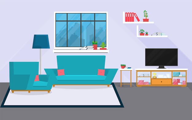 Premium Vector | Interior living room with furniture and window.