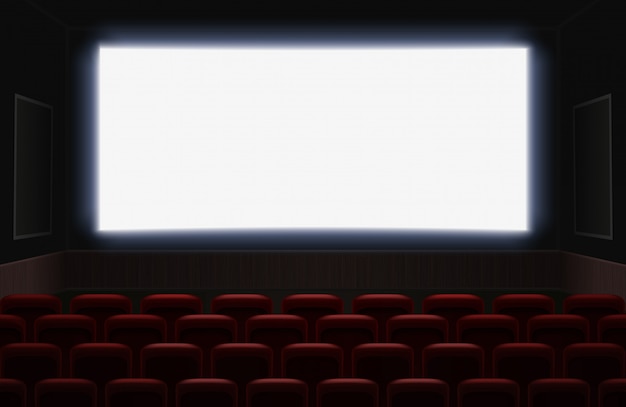 光沢のある白い空白の画面を持つ映画館のインテリア 画面の前にある赤い映画館または劇場の座席 空の映画館の講堂の背景イラスト プレミアムベクター