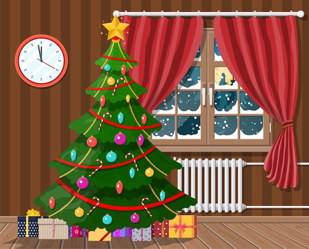 Premium Vector | Interior of room with christmas tree and gifts. happy