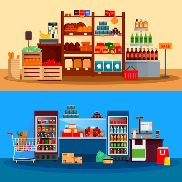 Free Vector | Interior of supermarket banners
