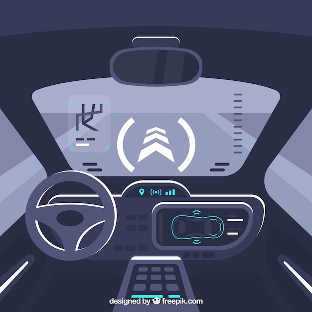 Interior view of futuristic autonomous car with\
flat design