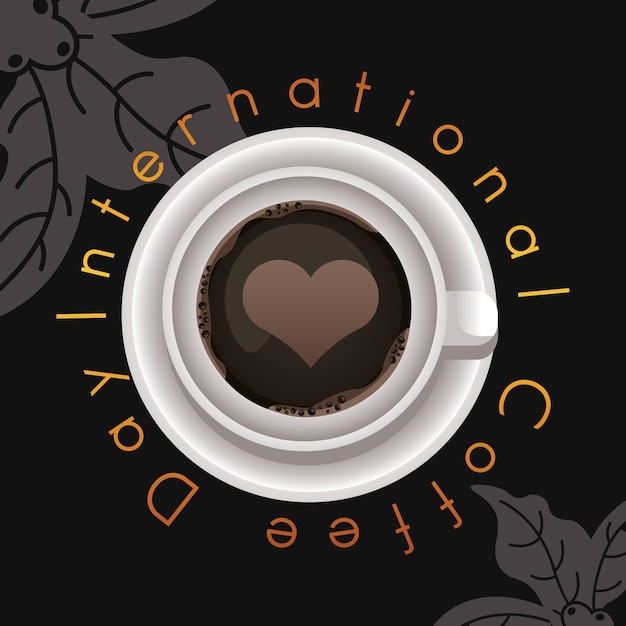 プレミアムベクター カップとハートの空気の景色を望む国際コーヒーの日のお祝い