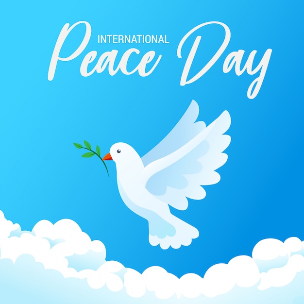 白い鳥とオリーブの枝が澄んだ青い空 イラストの平和のバナーポスターの国際デー プレミアムベクター
