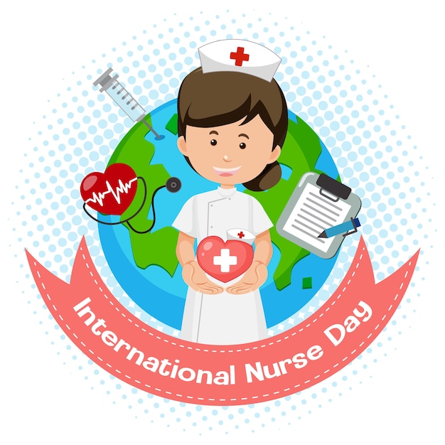 地球の背景にかわいい看護師と国際看護師の日のロゴ プレミアムベクター