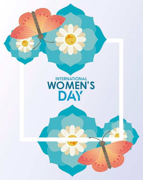 花のイラストのレタリングと蝶と国際女性の日のお祝いのポスター プレミアムベクター
