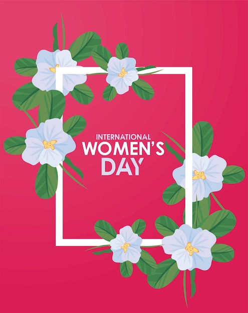 花の正方形のフレームのイラストのレタリングと国際女性の日のお祝いのポスター プレミアムベクター