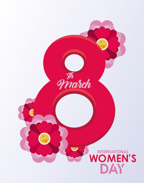 8番と花の庭のイラストと国際女性の日のお祝いのポスター プレミアムベクター