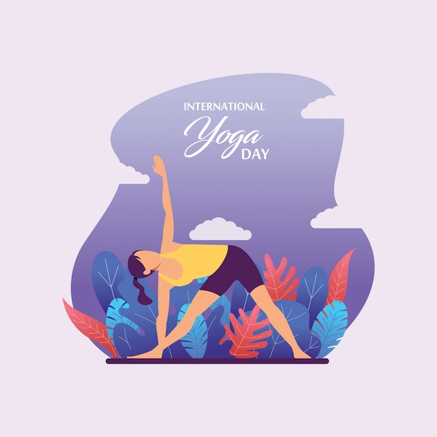 Premium Vector | International yoga day flat illustration with nature ...