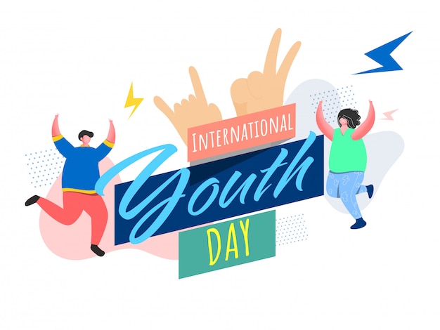 International youth day font with rock symbol, cartoon young boy and girl dancing on abstract white 
