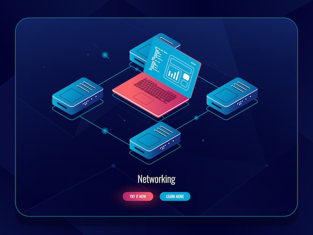 Internet data isometric, processing and analysis of information, laptop traffic routing, processing Free Vector