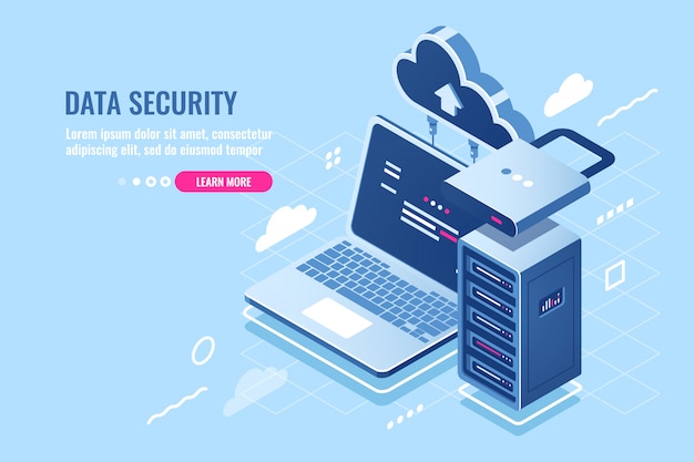 Internet data security concept, laptop with server rack and clock, protection and encryption data Free Vector