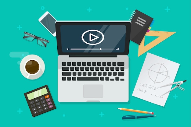 Internet education online via laptop computer or studying lesson illustration in flat cartoon style Premium Vector