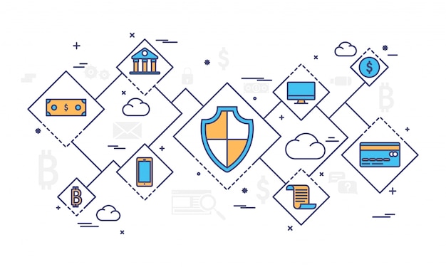 Internet money, secure payment transaction, payment mechanism. fintech (financial technology) background. colorful flat style illustration. Premium Vector