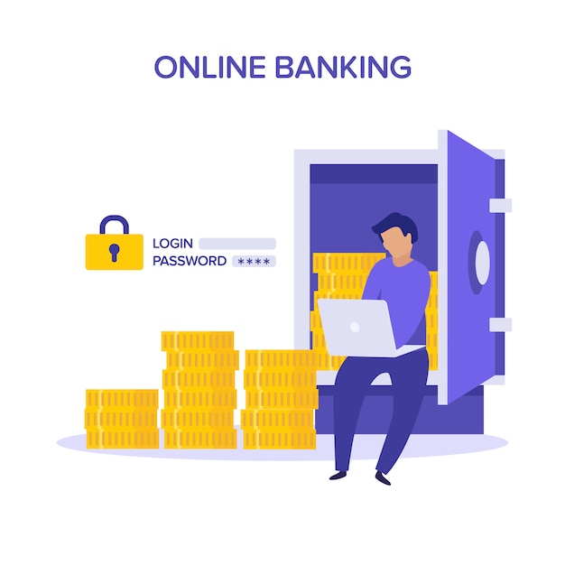 インターネットの安全性 アカウント検証オンラインバンキングのコンセプトです 開いている安全な紫と黄色のイラストがフラットな文字 銀行の金庫室の開いたドアの後ろのお金 ユーザー名パスワード プレミアムベクター