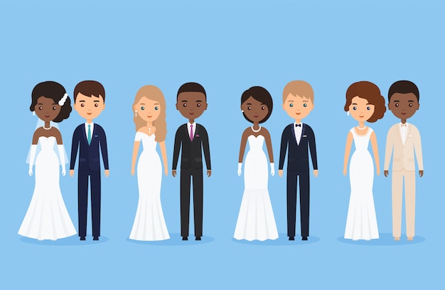 異人種間の新郎新婦 混合新婚カップル 孤立した立っている漫画の結婚式のキャラクター 図 アニメーションの白人と黒人 アイコンの男性 女性の人 平らな プレミアムベクター