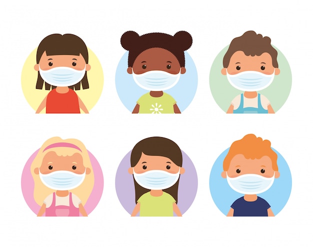 Premium Vector | Interracial little kids using face masks characters