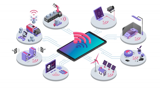 Iot等尺性カラーイラスト デバイスのオンラインリモートコントロール スマートホームシステム クラウドコンピューティング 電子機器のワイヤレス接続 白い背景の上の事の概念のインターネット プレミアムベクター