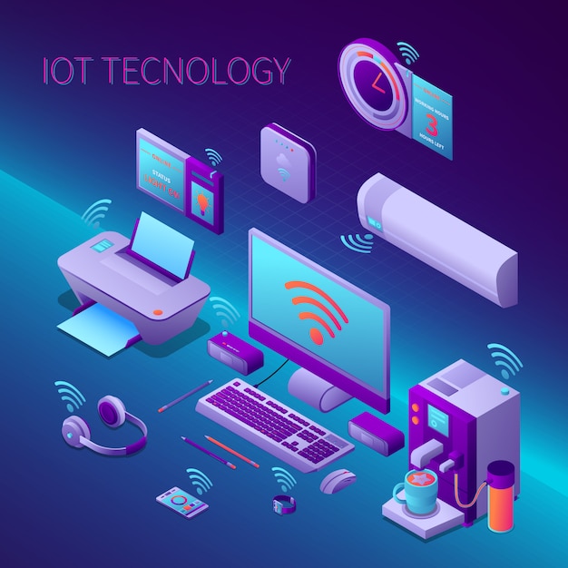 Iot機器等の等尺性構成オフィス機器と電子個人小道具ベクトルイラスト 無料のベクター