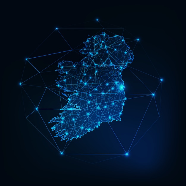 Ireland map glowing silhouette outline made of stars lines dots triangles, low polygonal shapes Premium Vector