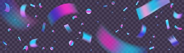 虹色のネオン紙吹雪背景 ソーシャルメディアネットワークやサイトヘッダーのお祝いバナーテンプレート 透明な暗い背景にホログラム箔紙吹雪 プレミアムベクター