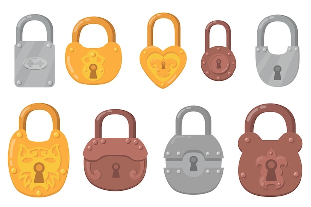 Free Vector Iron Padlocks Flat Icon Set Cartoon Key Locks For Safety And Security Protection 1617