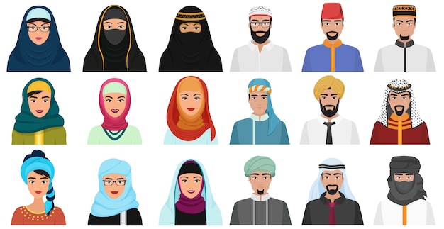Islam  people icons. arabic muslim avatars muslim face heads of male and female. Premium Vector