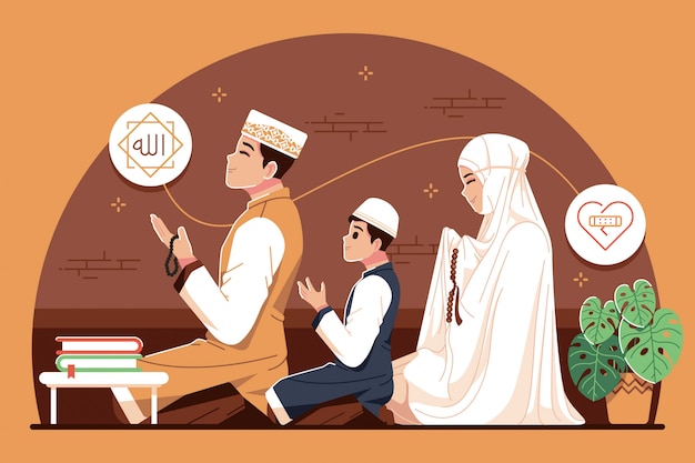 Islamic family praying together illustration Premium Vector