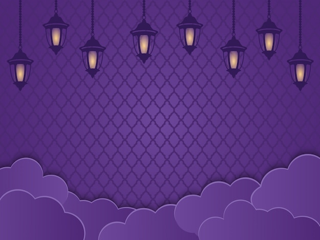 Islamic lanterns, clouds and ornaments in a purple background. creative concept of ramadhan or fitri adha greeting card design, mawlid, isra miraj, copy space text area, illustration. Premium Vector