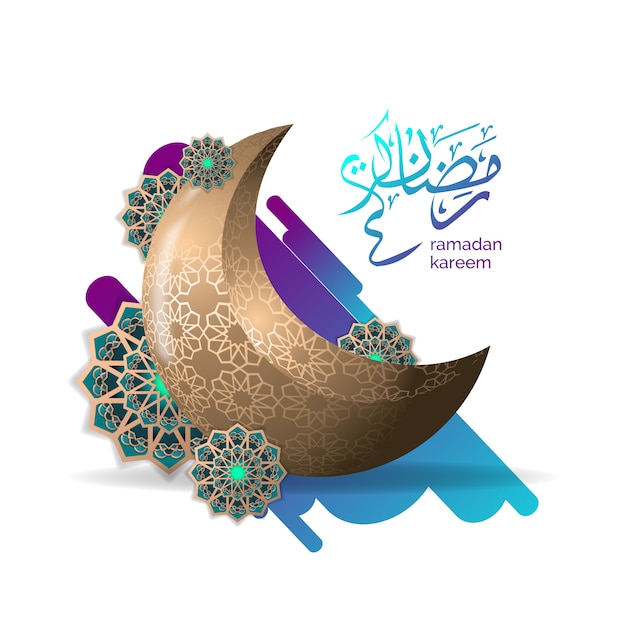 Islamic ramadan greeting with crescent moon and gold lantern Premium Vector