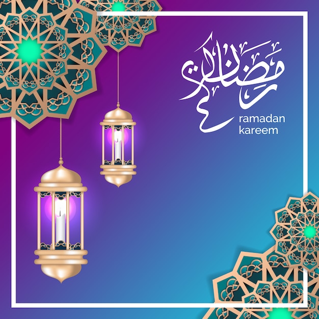 Islamic ramadan greeting with crescent moon and gold lantern Premium Vector