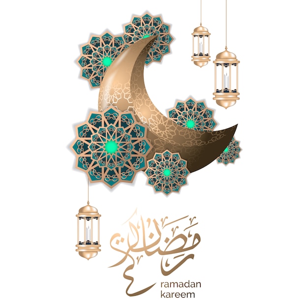 Islamic ramadan greeting with crescent moon and gold lantern Premium Vector