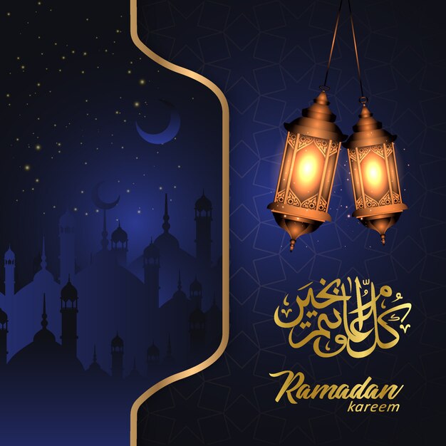 Islamic ramadan kareem background with lamps and silhouette mosque ...