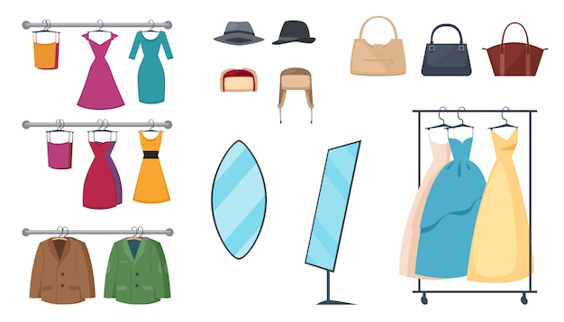Isolated and colored clothing store icon set with elements and attributes clothes on hangers and accessories Free Vector