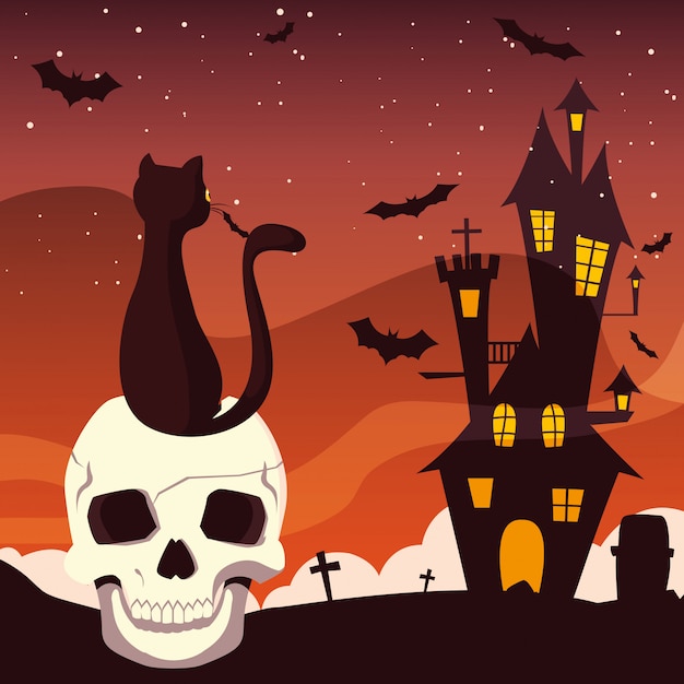 Premium Vector | Isolated halloween castle skull and cat