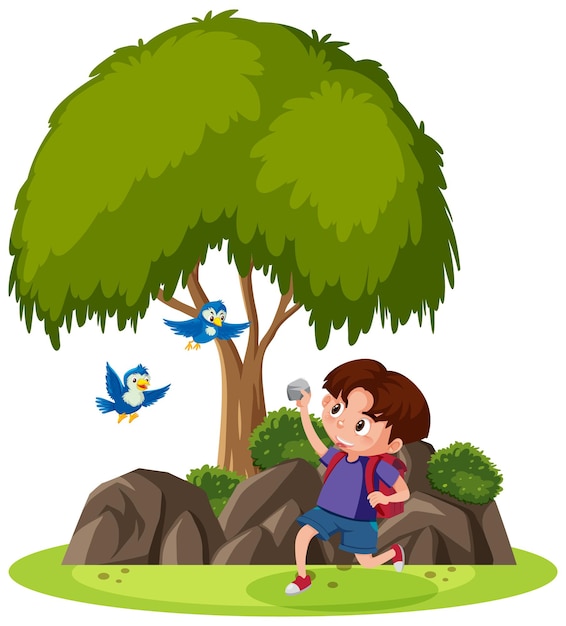 Premium Vector | Isolated scene with a boy trying to throw stone to birds