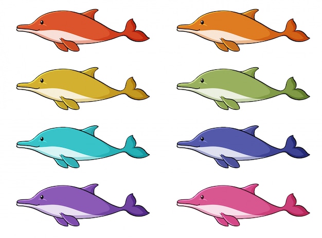 Isolated set of dolphin in many colors | Free Vector