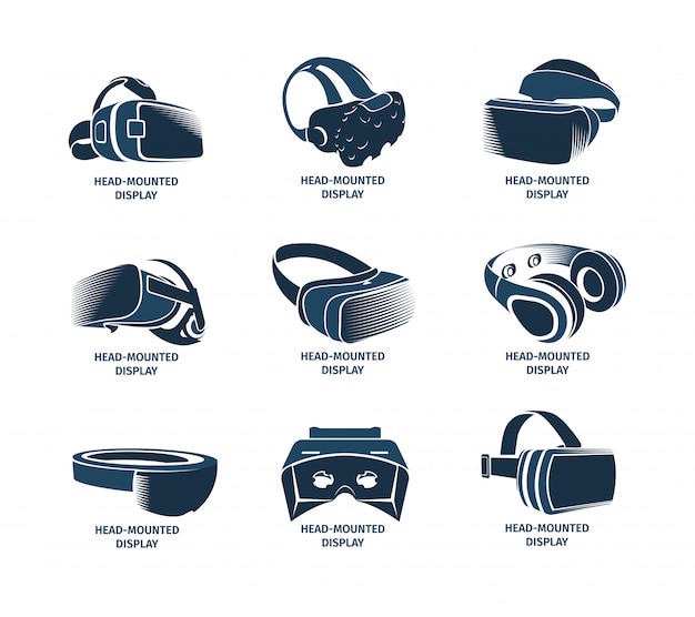 孤立したvrヘッドセットロゴタイプセット バーチャルリアリティのヘルメットのロゴ ヘッドマウントディスプレイアイコンコレクション 端末 未来的なゲーム要素 シミュレーションスマートグラスイラスト プレミアムベクター